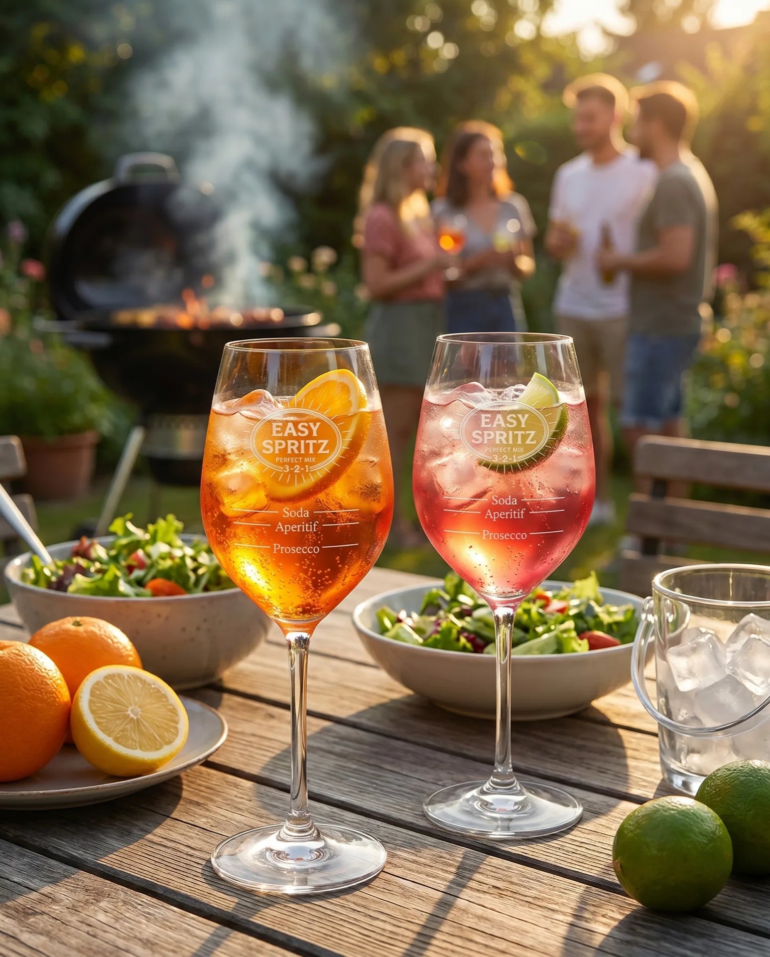 Zwei EASY SPRITZ Gläser mit Aperol Spritz und Sarti Spritz auf einem Holztisch beim Grillabend