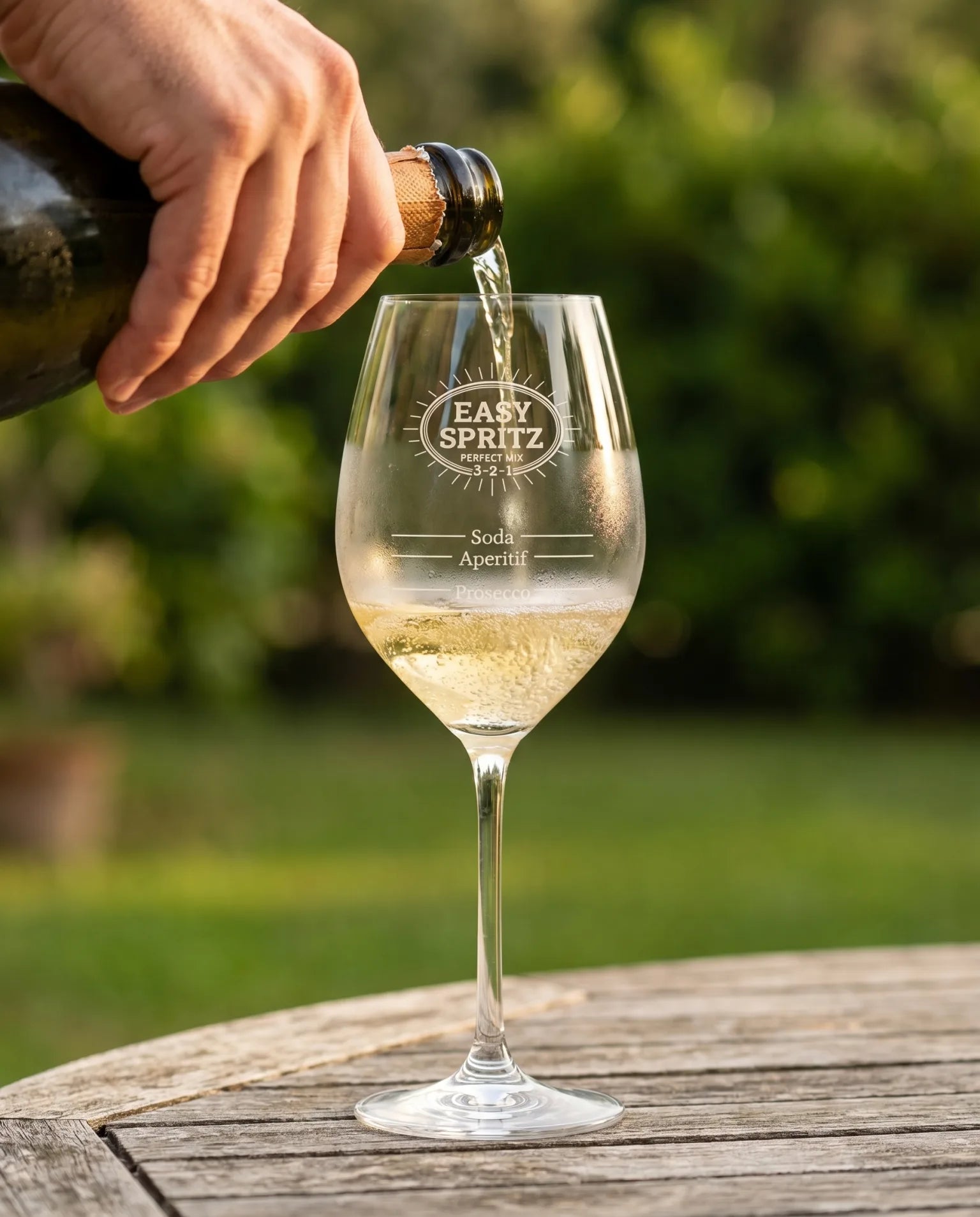 Hand schenkt Prosecco bis zur untersten Linie der gravierten 3-2-1 Skala in ein EASY SPRITZ Glas ein