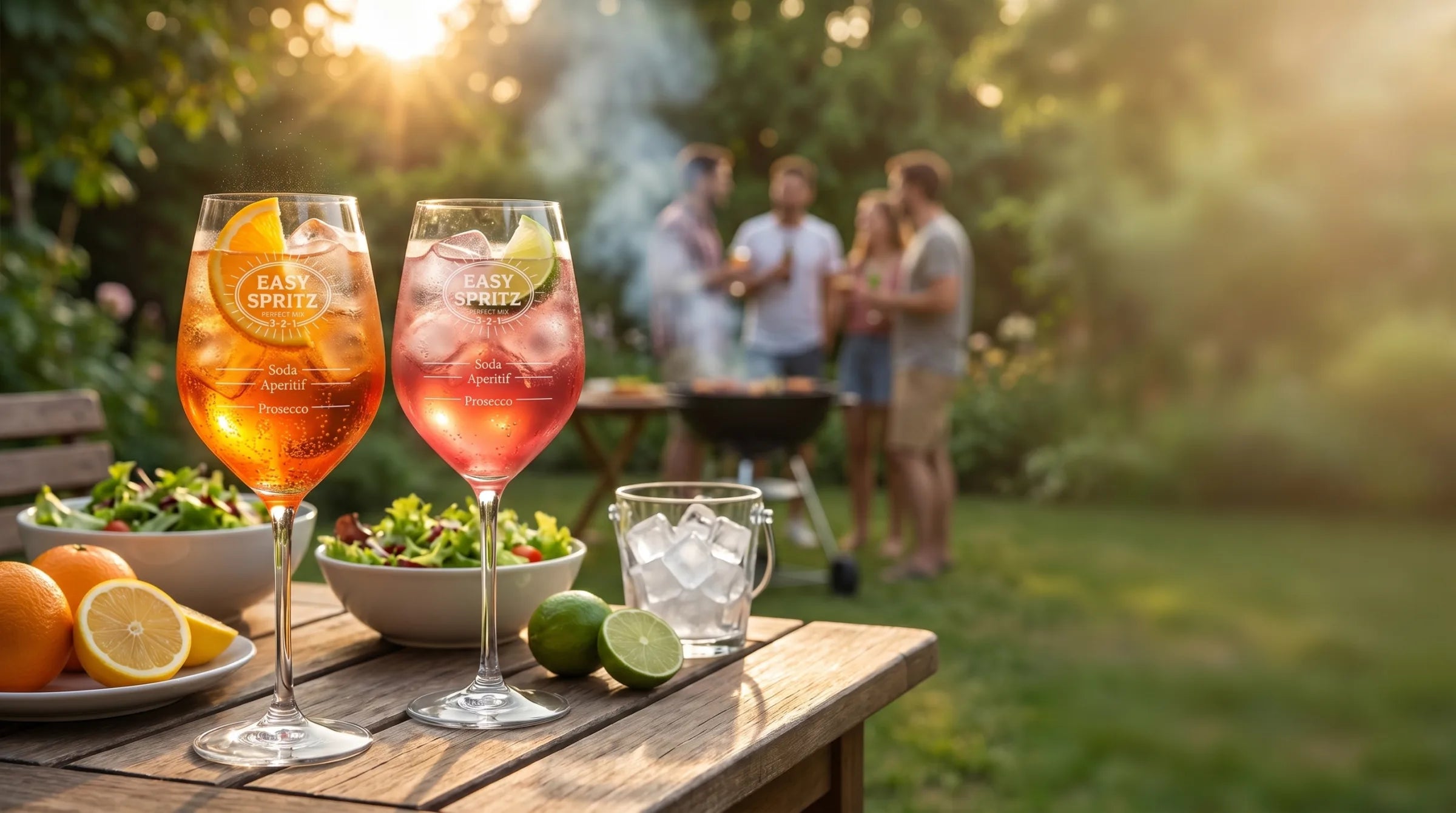 EASY SPRITZ 2er-Set mit gravierter Skala beim Grillabend im Garten
